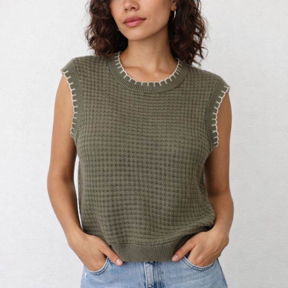 And Now This Sweater Vest Textured Waffle Knit Olive Green CottageCore Women 1X